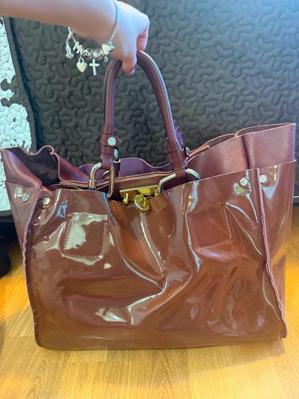 Chloé Patent Tote in Deep Wine with Gold Hardware